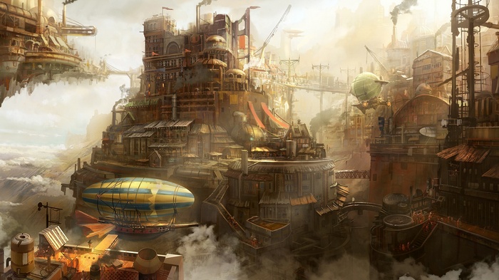Steampunk city with airships floating in clouds