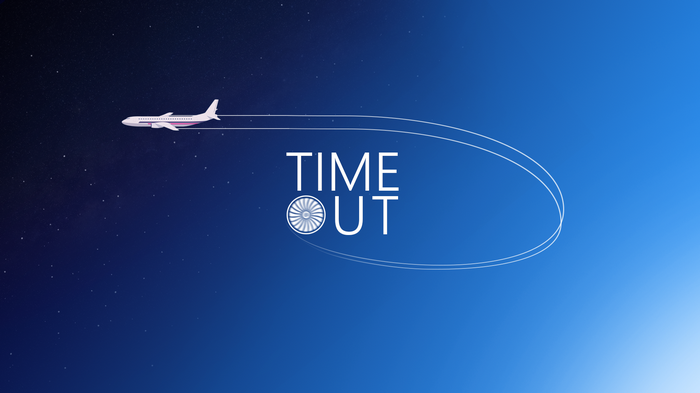 Airplane flying through starry night sky with "TIME OUT" text