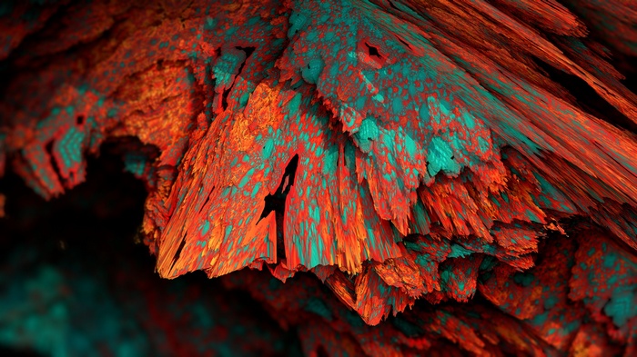 Abstract CGI render of procedural minerals with orange and teal colors