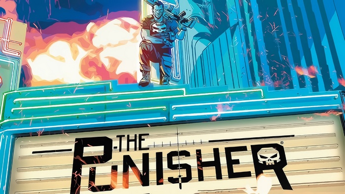 The Punisher Standing on a Neon Sign
