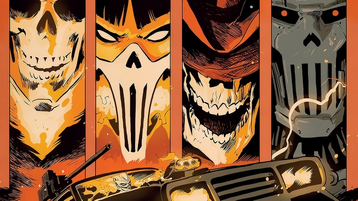 Four skull-faced characters and a vehicle