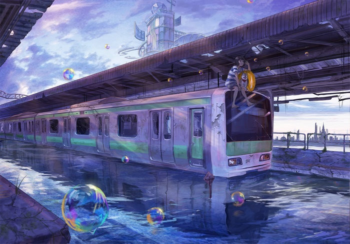 Anime girls on a train flooded with water and bubbles