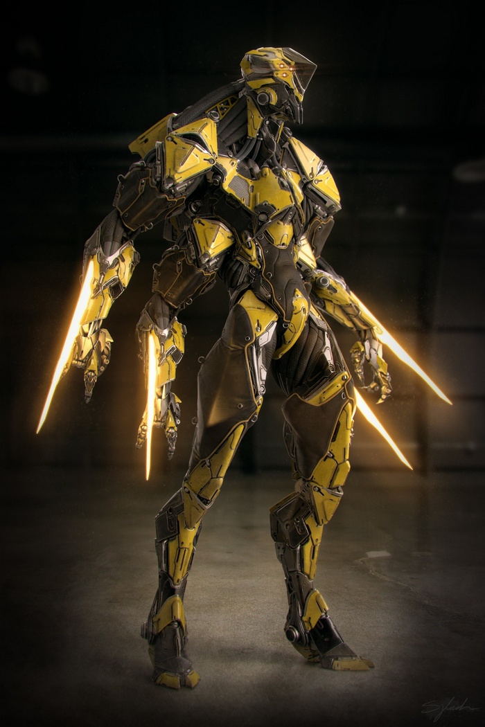 Yellow and black futuristic robot with glowing blades