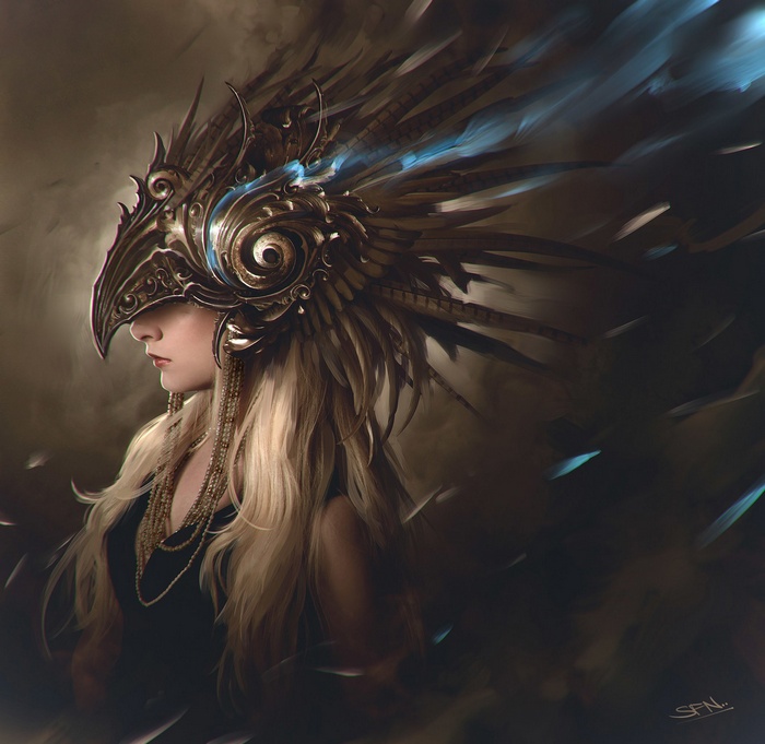 Woman in ornate feathered helmet with blue accents