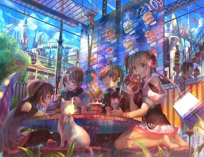 anime girls, blonde, Fuji Choko, clouds, feet, hamburgers, cat, ahoge, futuristic, twintails, drink, brunette, pink hair, restaurant, food, barefoot, eating, blue eyes, green eyes, black hair, original characters, city, hat