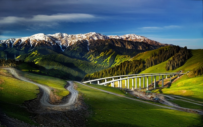 Highway bridge over a valley with snowy mountains in China
