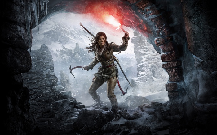 Lara Croft in a snowy cave with a flare