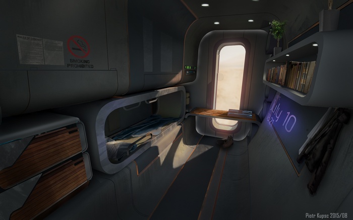 Science fiction bedroom with a view
