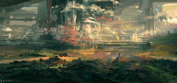 Digital painting of a futuristic city landscape