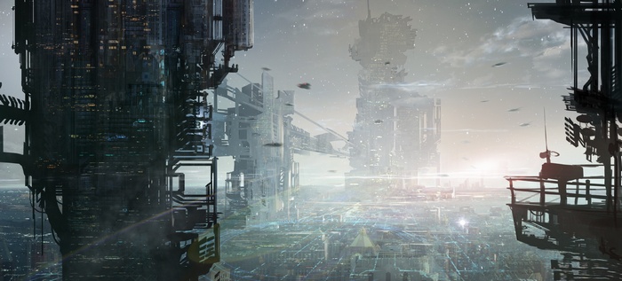 Futuristic city with towering skyscrapers and flying vehicles