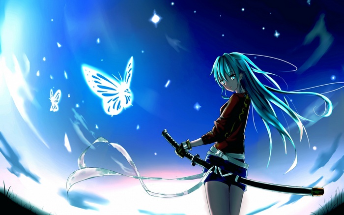 Anime girl with katana and glowing butterflies