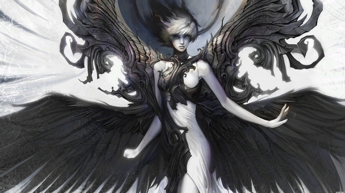 Fantasy art of a woman with black wings