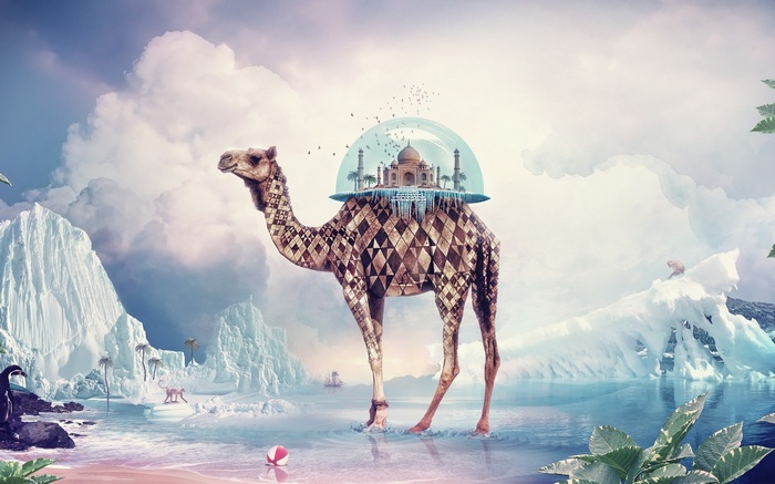 Surreal Camel Carrying Taj Mahal on Iceberg Landscape