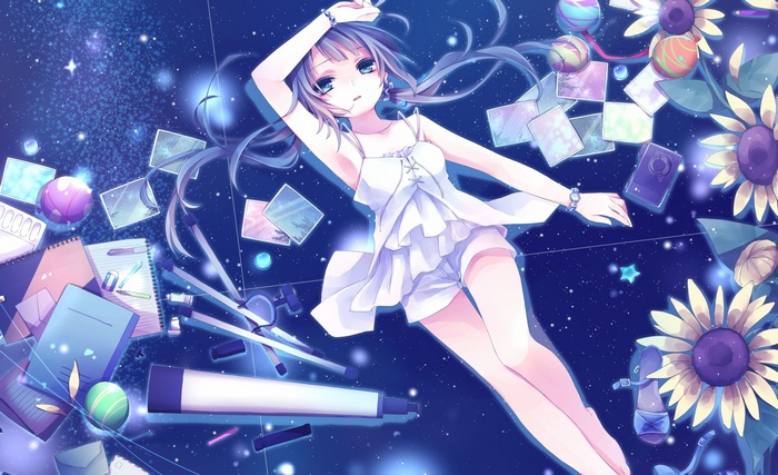 Anime girl with long hair wearing shorts in space