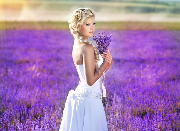 wedding dress, long hair, white dress, women outdoors, sunlight, field, bare shoulders, purple flowers, women, braids, lavender, purple, flowers, model, looking away, nature, depth of field, blonde