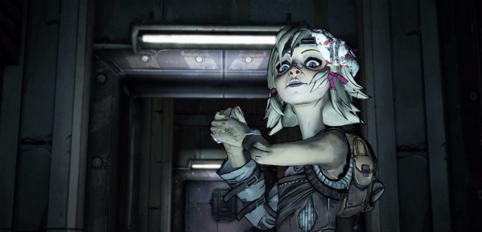 Tiny Tina in a dark industrial hallway