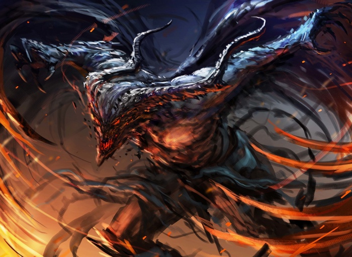 Artwork of a demonic creature with fiery accents