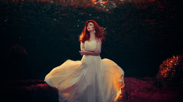 bare shoulders, nature, women, model, looking away, women outdoors, white dress, sunlight, redhead, makeup, red lipstick, trees, curly hair, long hair
