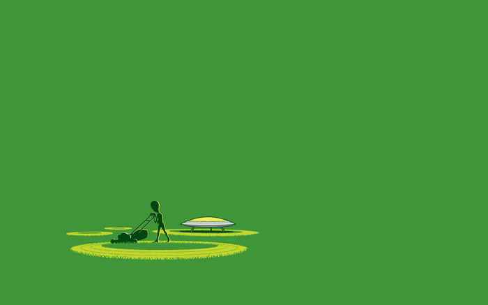 Alien mowing the lawn next to a UFO