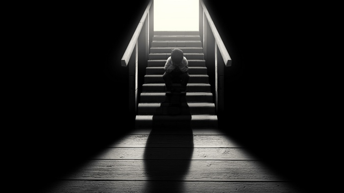 A lonely child sits on stairs in the dark