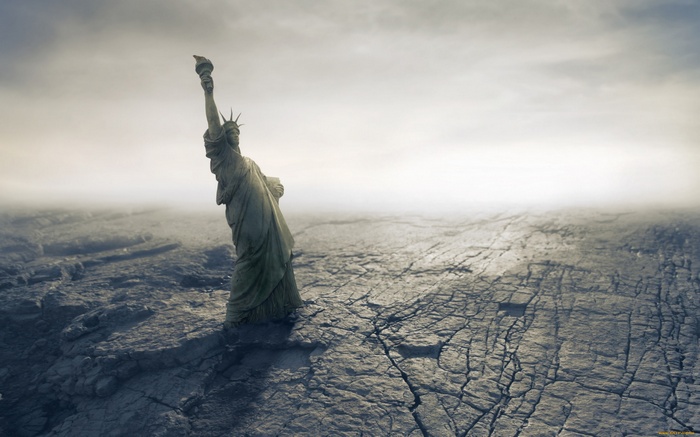 Statue of Liberty in an apocalyptic, barren landscape
