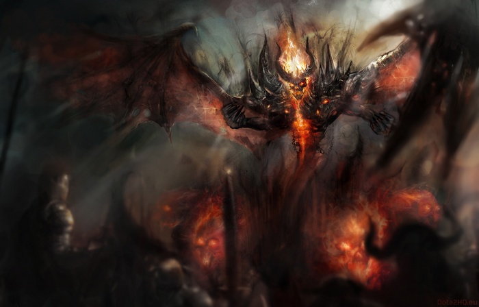 Shadow Fiend from Dota 2 in a fiery battle