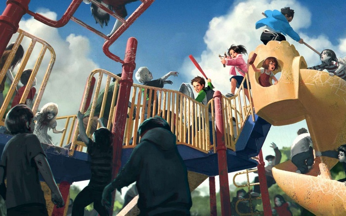 Children fighting zombies on a playground