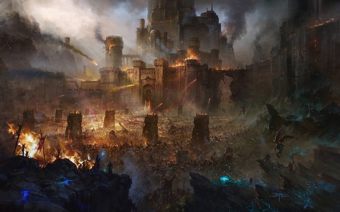 Fantasy battle scene with a castle under siege