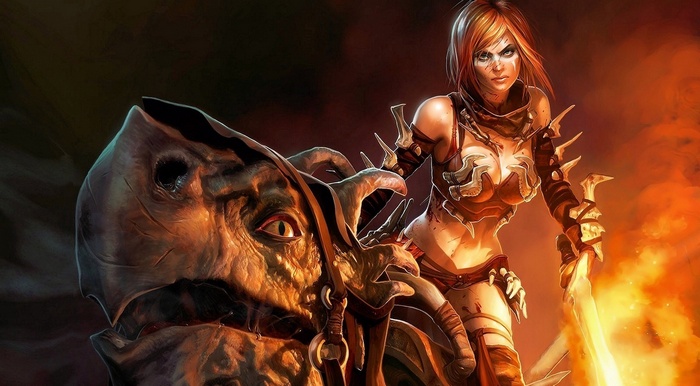 Fantasy art of a warrior woman and a creature