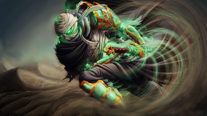 Fantasy warrior with glowing eyes and sword in desert