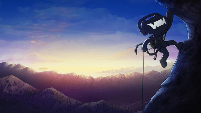 Monstercat character climbing a mountain at sunrise