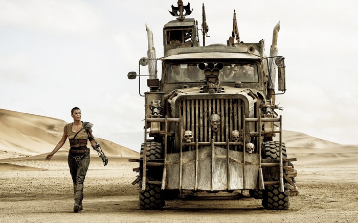 Mad Max: Fury Road, skull, actress, Zoë Kravitz, car, men, short hair, Courtney Eaton, actor, trucks, Riley Keough, desert, movies, Tom Hardy, women, Mad Max, Charlize Theron