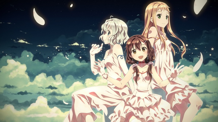 Three anime girls in white dresses under a starry sky