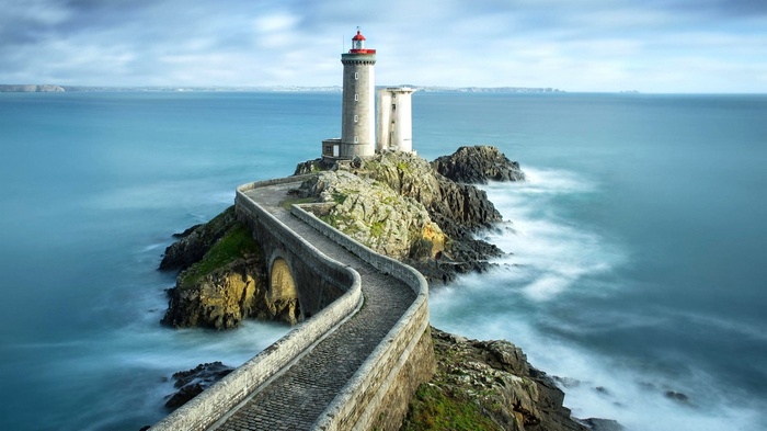 horizon, rock, nature, tower, waves, path, long exposure, coast, water, stones, France, lighthouse, landscape, sea, bridge, clouds