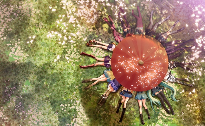 Hatsune Miku and friends lying in a field of flowers