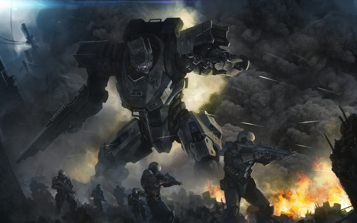 Giant Mech and Soldiers in a Fiery Battlefield
