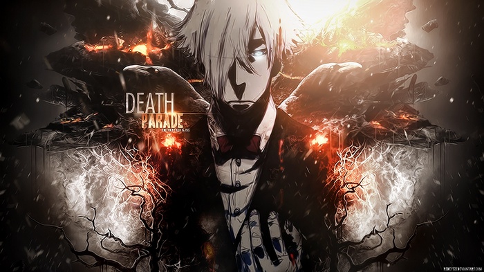 Decim from Death Parade with fiery background