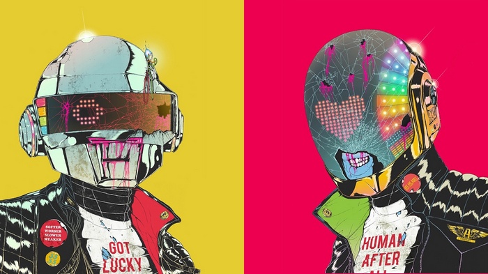 Daft Punk robots with broken helmets and colorful displays