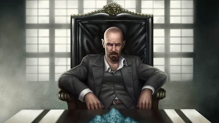 Walter White sitting in a chair with blue meth