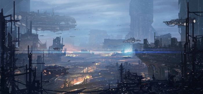 Futuristic city with flying spaceships and tall buildings