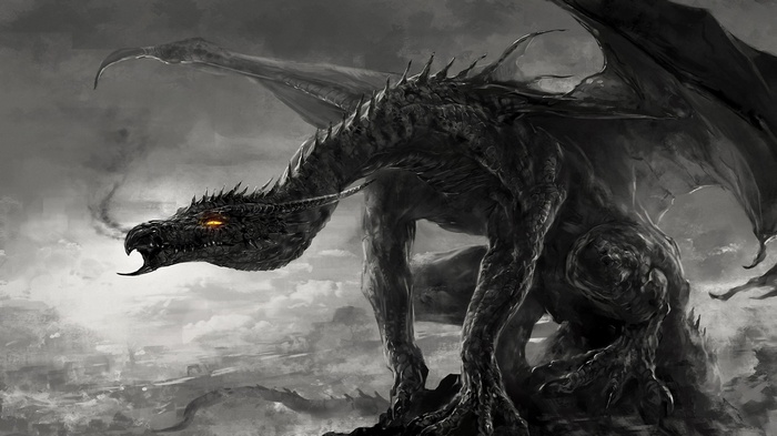 Black dragon with glowing eyes in a smoky sky