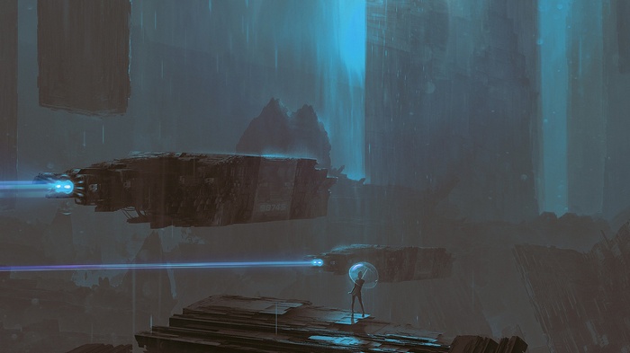 Science fiction artwork with spaceships and a figure