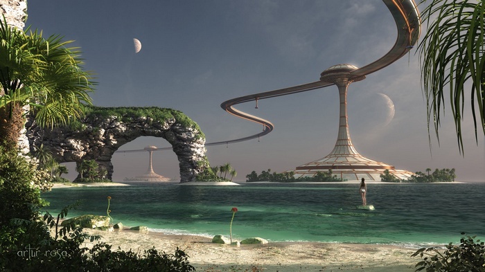 Futuristic island with a woman surfing