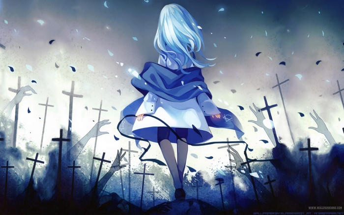 Anime girl in a graveyard with rising hands