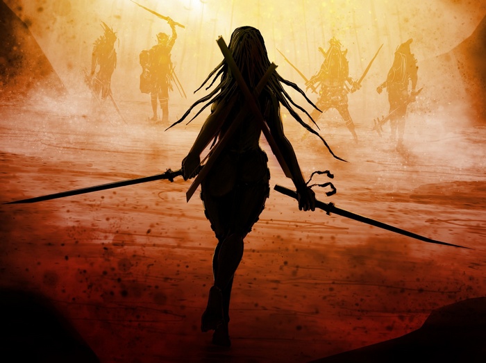 Warrior with swords facing enemies in a desert