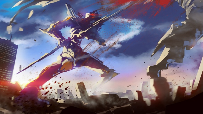 EVA Unit 01 in a destroyed city
