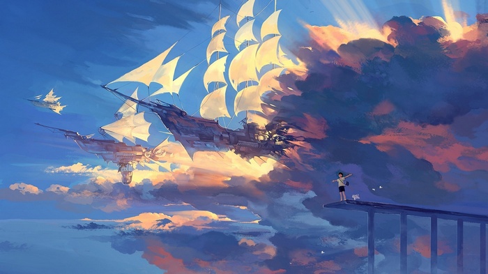 Anime sailing ship flying through clouds with a person on a platform
