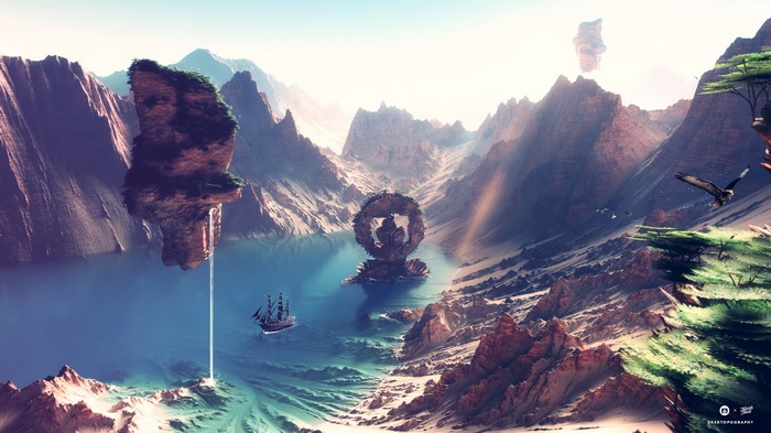 Fantasy landscape with floating islands and a sailing ship