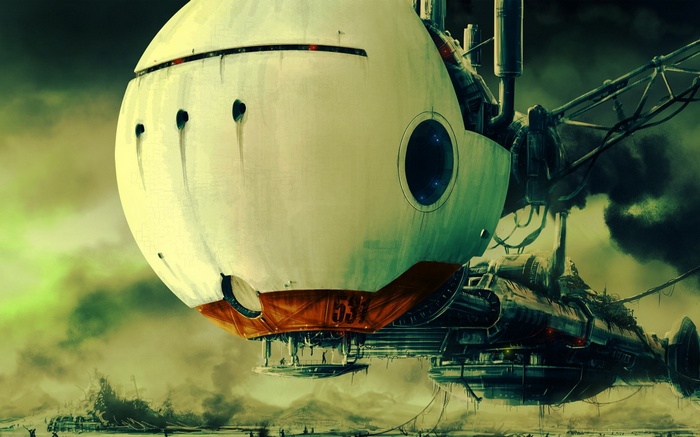 Science fiction artwork of a large spherical spacecraft