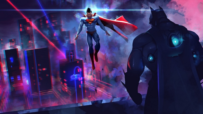Superman and Batman face off in a neon city
